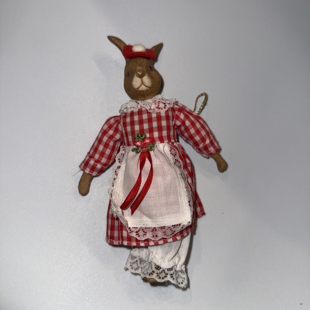 Vintage Silvestri 7" Porcelain Bisque Bunny Rabbit Doll Figurine 1990s Red Dress
